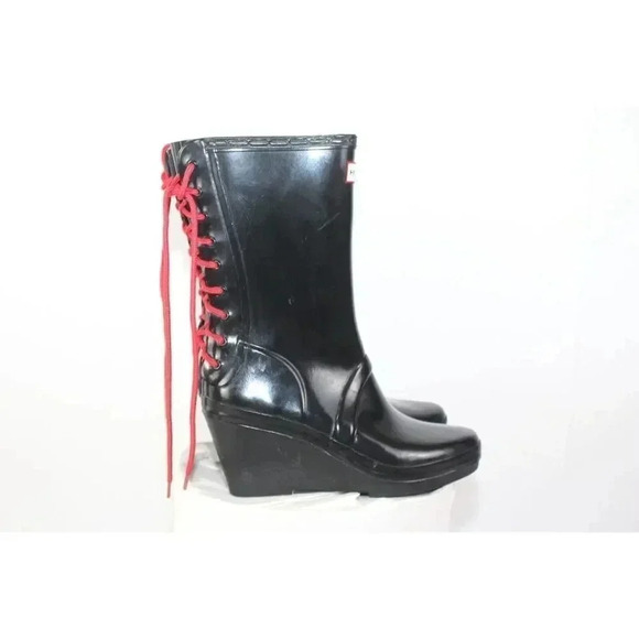 Hunter Black Verbier Wedge Boots Red Lace Up Rubber Rain Size 7 - Picture 3 of 9